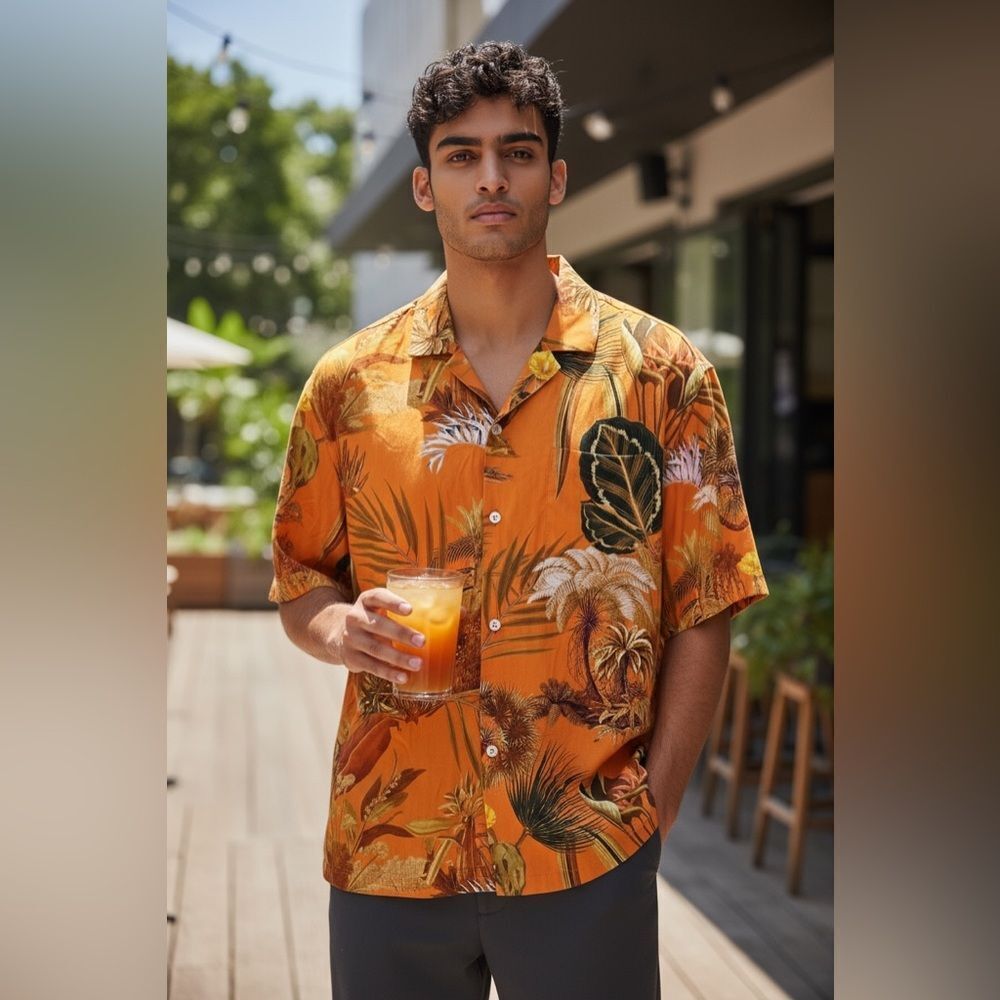NWT H&M Men’s Orange Tropical Print Short Sleeve Button Up Shirt - Size L/XL